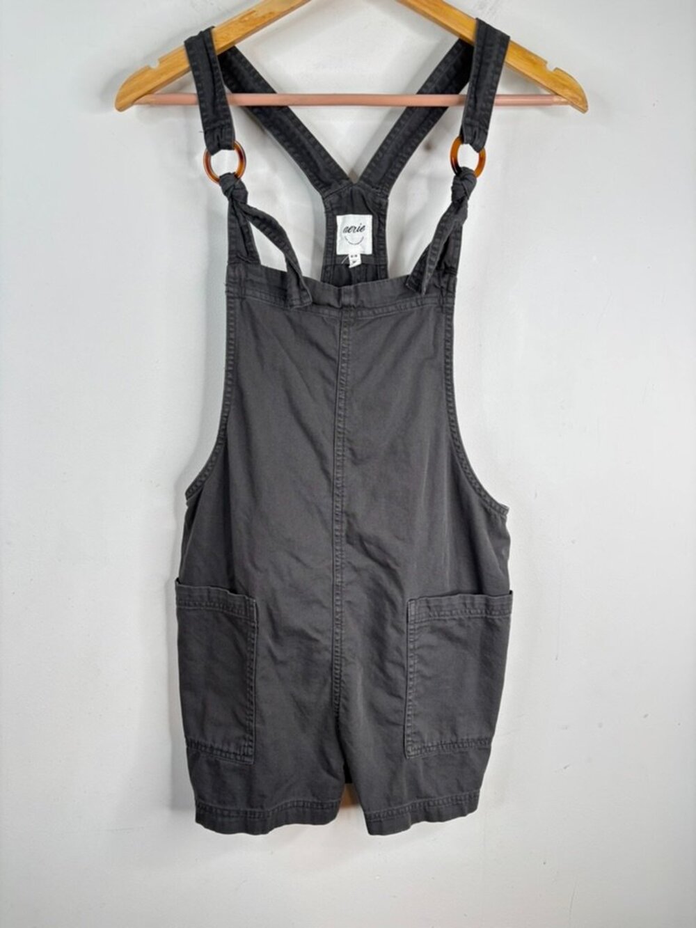 Aerie Canvas Shortalls M Washed Black Charcoal Romper Short Overalls Garden Boho - Picture 2 of 11